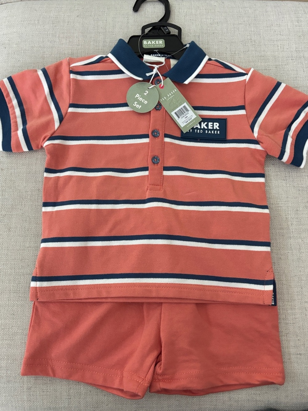 Ted Baker Coral and Navy Striped Polo Set 18M